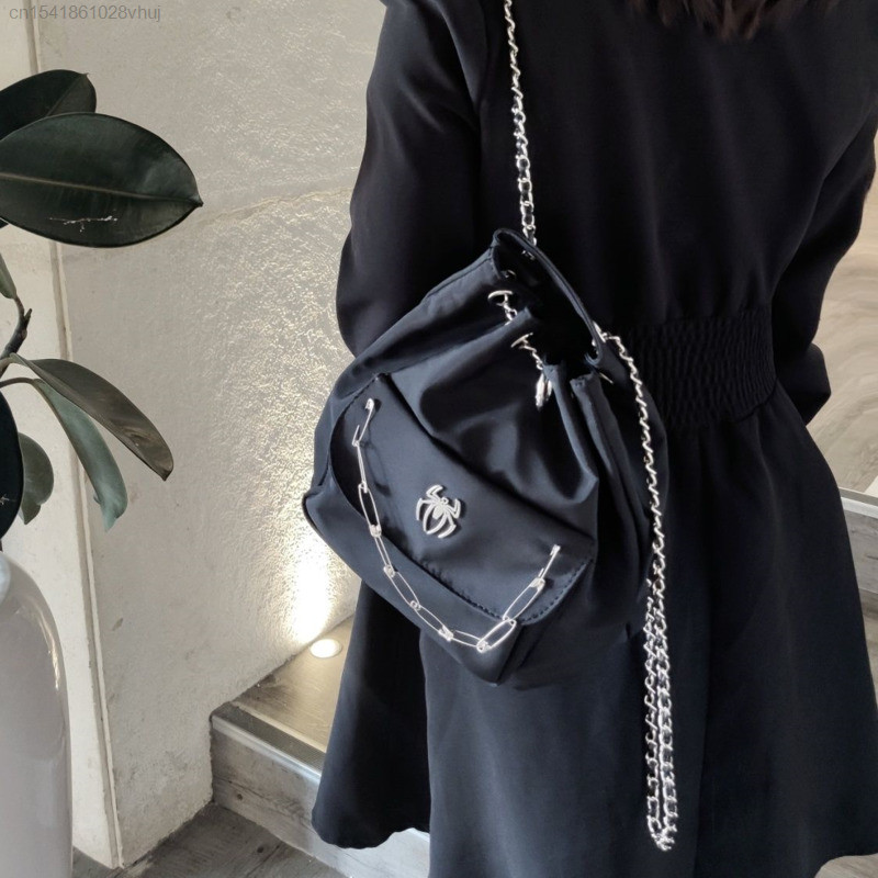 Rucsac Black Spider Punk Y2K Lanț cu șnur Rock Gotic Motocicletă High Street Hippie Femei Bărbați Geantă Moda coreeană Yk2 Genți