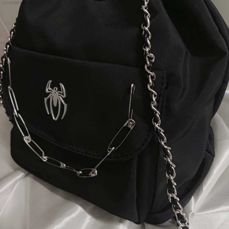 Rucsac Black Spider Punk Y2K Lanț cu șnur Rock Gotic Motocicletă High Street Hippie Femei Bărbați Geantă Moda coreeană Yk2 Genți