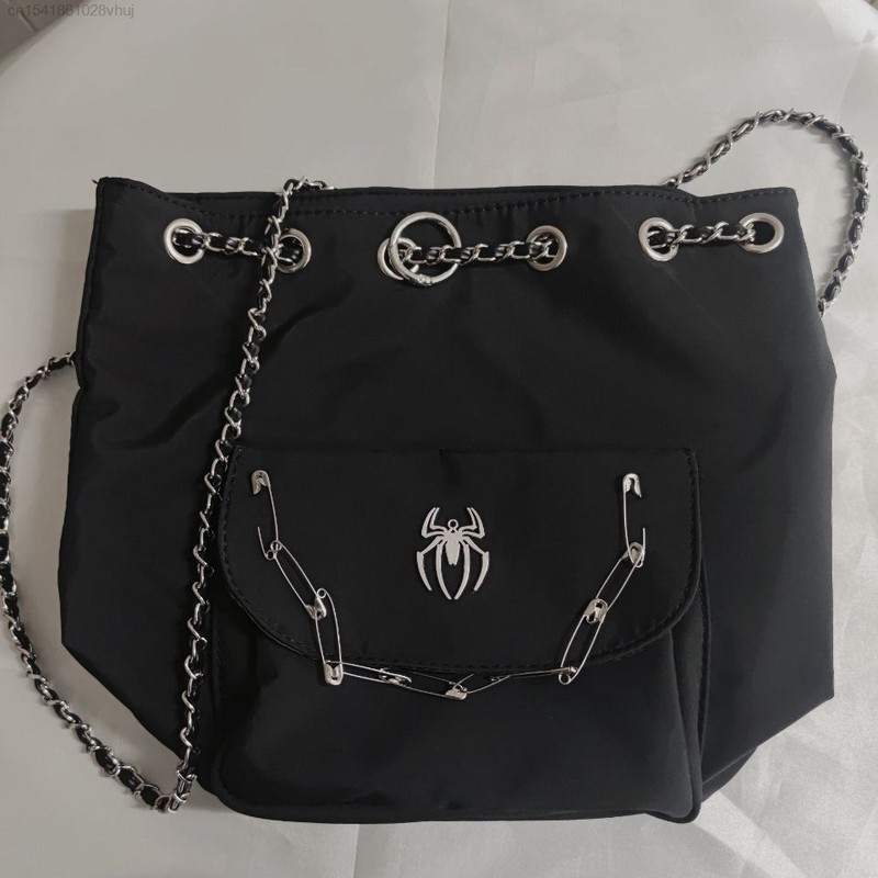 Rucsac Black Spider Punk Y2K Lanț cu șnur Rock Gotic Motocicletă High Street Hippie Femei Bărbați Geantă Moda coreeană Yk2 Genți