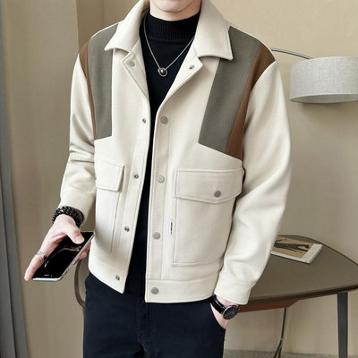 Контрастно цветно пачуърк вълнено яке Есен Зима Мъжки ревери Slim Fit Къси ежедневни якета Модно бизнес социално палто