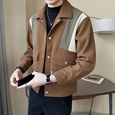 Jachetă din lână mozaic de culoare contrastantă, toamnă iarnă, pentru bărbați, cu rever, slim fit, jachete scurte casual, la modă, pentru afaceri, pardesiu social