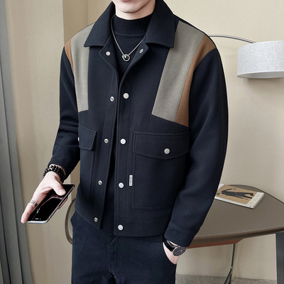 Jachetă din lână mozaic de culoare contrastantă, toamnă iarnă, pentru bărbați, cu rever, slim fit, jachete scurte casual, la modă, pentru afaceri, pardesiu social