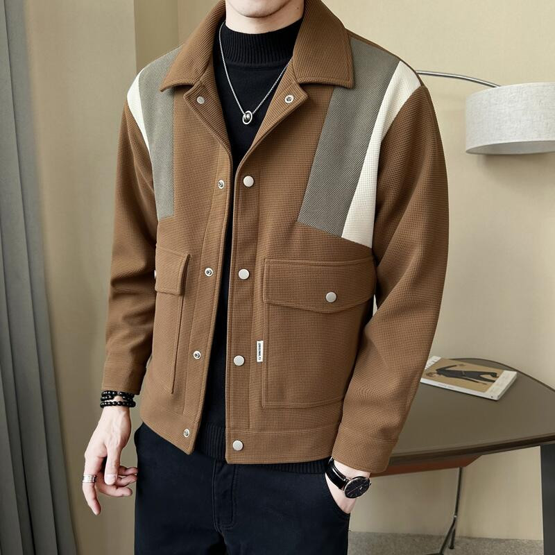 Jachetă din lână mozaic de culoare contrastantă, toamnă iarnă, pentru bărbați, cu rever, slim fit, jachete scurte casual, la modă, pentru afaceri, pardesiu social