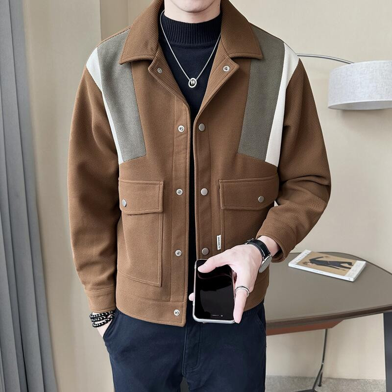 Jachetă din lână mozaic de culoare contrastantă, toamnă iarnă, pentru bărbați, cu rever, slim fit, jachete scurte casual, la modă, pentru afaceri, pardesiu social