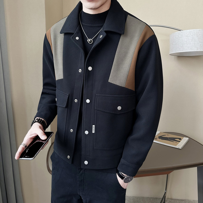 Jachetă din lână mozaic de culoare contrastantă, toamnă iarnă, pentru bărbați, cu rever, slim fit, jachete scurte casual, la modă, pentru afaceri, pardesiu social