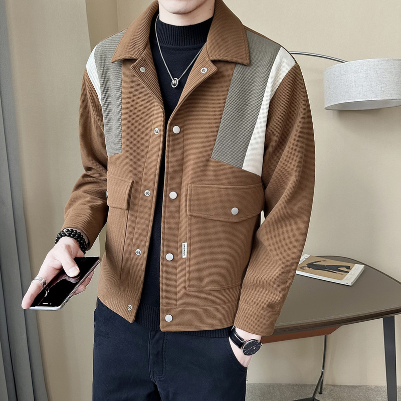 Jachetă din lână mozaic de culoare contrastantă, toamnă iarnă, pentru bărbați, cu rever, slim fit, jachete scurte casual, la modă, pentru afaceri, pardesiu social