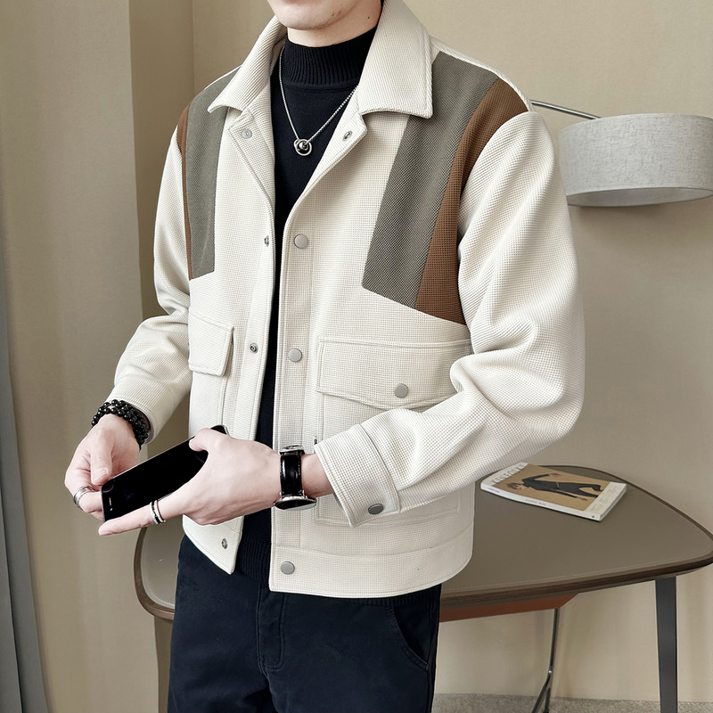 Jachetă din lână mozaic de culoare contrastantă, toamnă iarnă, pentru bărbați, cu rever, slim fit, jachete scurte casual, la modă, pentru afaceri, pardesiu social