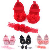 Βρεφικά παπούτσια Floral Toddler Baby Girl First Walkers Sets Headband Flower Soft Sole Hook & Loop παπούτσια για κορίτσια