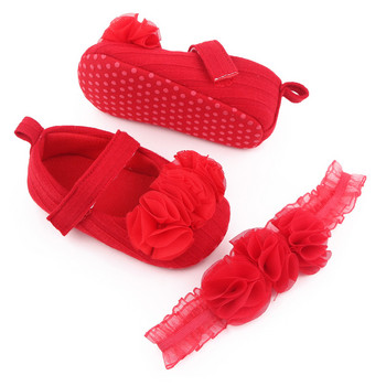 Βρεφικά παπούτσια Floral Toddler Baby Girl First Walkers Sets Headband Flower Soft Sole Hook & Loop παπούτσια για κορίτσια