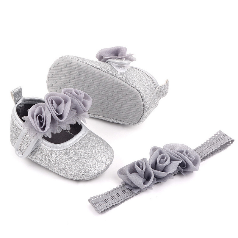Βρεφικά παπούτσια Floral Toddler Baby Girl First Walkers Sets Headband Flower Soft Sole Hook & Loop παπούτσια για κορίτσια