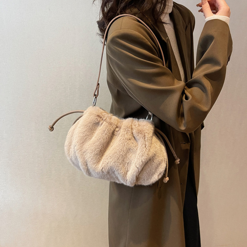 Geantă de pluș pentru femei, cu șnur, geantă versatilă de pluș moale, geantă pufoasă pentru întâlniri, pentru femei, de zi cu zi, de iarnă