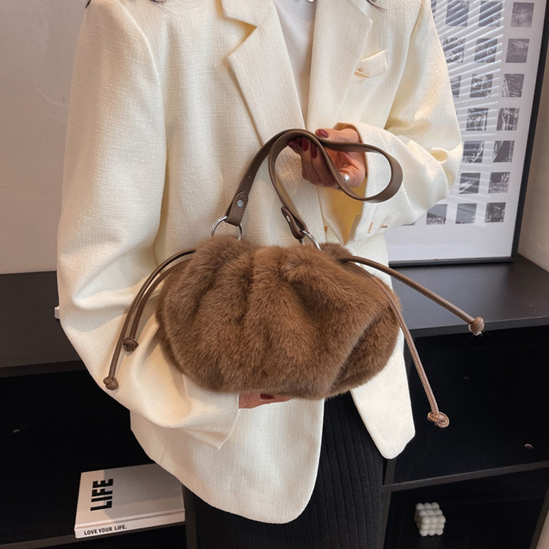 Geantă de pluș pentru femei, cu șnur, geantă versatilă de pluș moale, geantă pufoasă pentru întâlniri, pentru femei, de zi cu zi, de iarnă