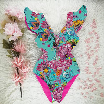Novi jednodijelni kupaći kostim s printom 2023. Kupaći kostimi s volanima Ženski remen s V-izrezom Monokini Seksi kupaći kostimi Push Up String Odjeća za plažu Ljeto