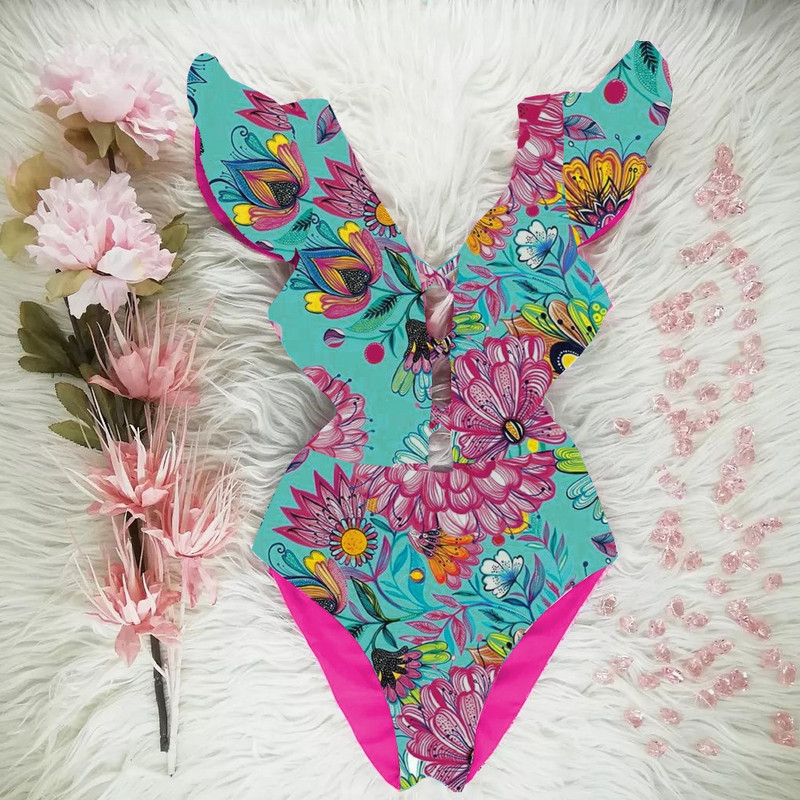 Novi jednodijelni kupaći kostim s printom 2023. Kupaći kostimi s volanima Ženski remen s V-izrezom Monokini Seksi kupaći kostimi Push Up String Odjeća za plažu Ljeto