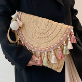Retro kandiline õlgkott Punutud ümbrikkott Tutid Randmepakk Käekotid Naiste Suvine Kootud Sidurikott Ranna Õlg Crossbody Ba