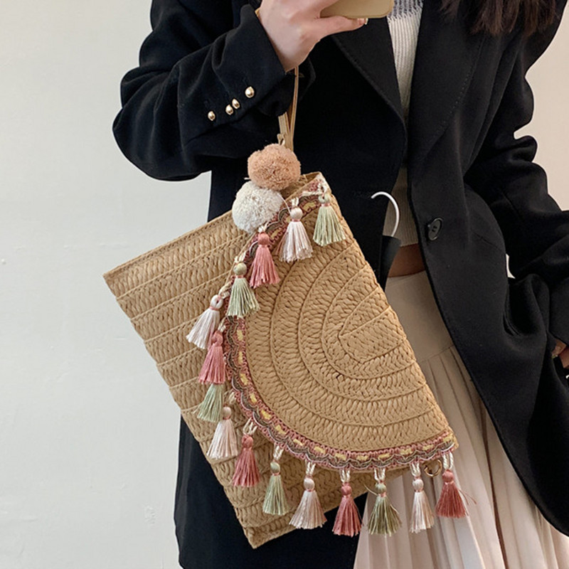 Retro kandiline õlgkott Punutud ümbrikkott Tutid Randmepakk Käekotid Naiste Suvine Kootud Sidurikott Ranna Õlg Crossbody Ba