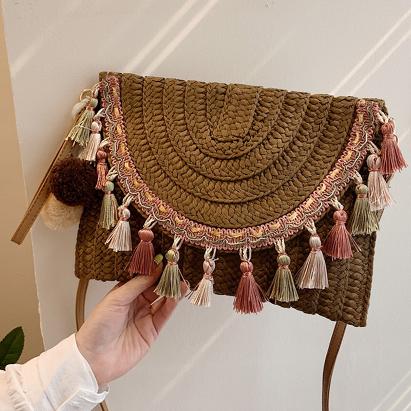 Retro kandiline õlgkott Punutud ümbrikkott Tutid Randmepakk Käekotid Naiste Suvine Kootud Sidurikott Ranna Õlg Crossbody Ba