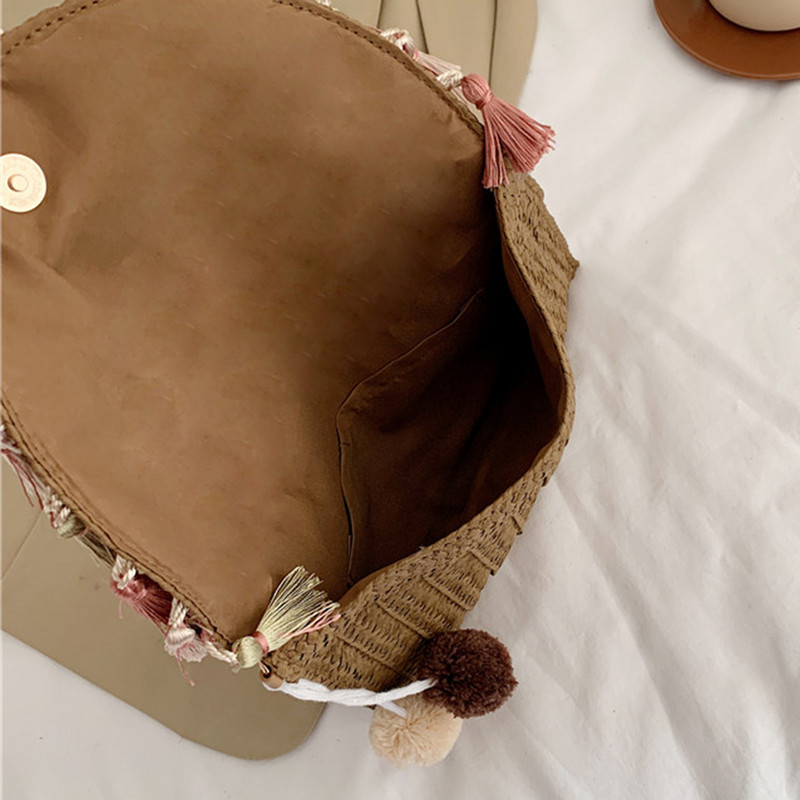 Retro kandiline õlgkott Punutud ümbrikkott Tutid Randmepakk Käekotid Naiste Suvine Kootud Sidurikott Ranna Õlg Crossbody Ba