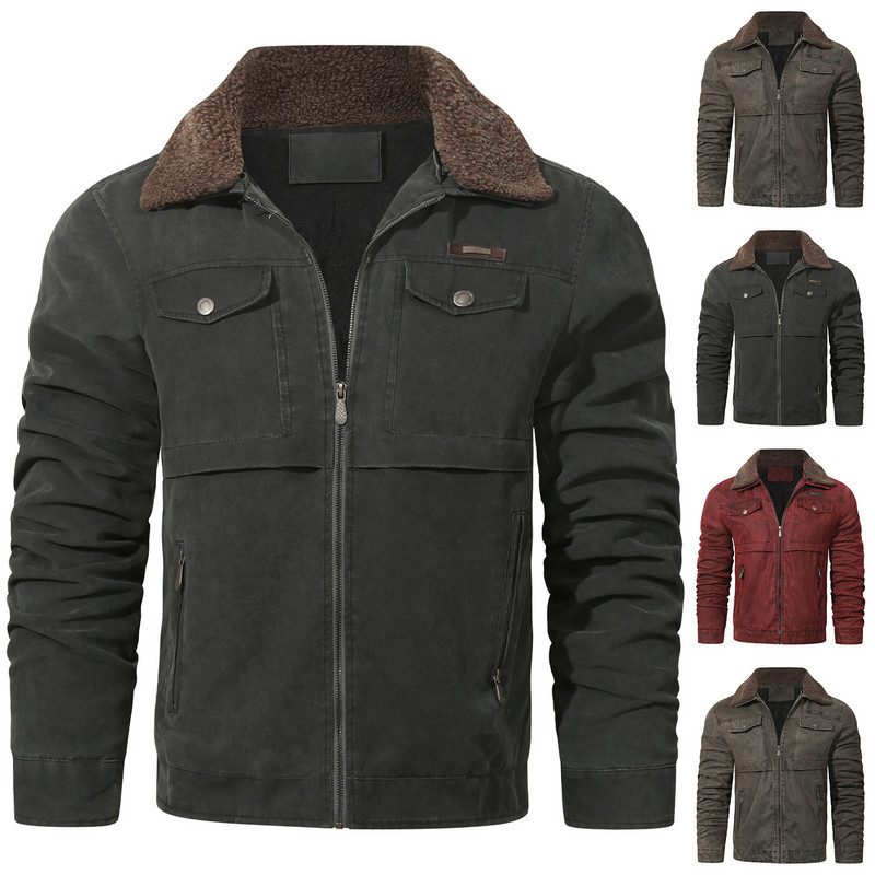 Jachetă pentru bărbați, căptușită de iarnă, din nailon, din lână groasă, cu rever, cu guler cu fermoar înclinat, haină cu glugă, guler în picioare.