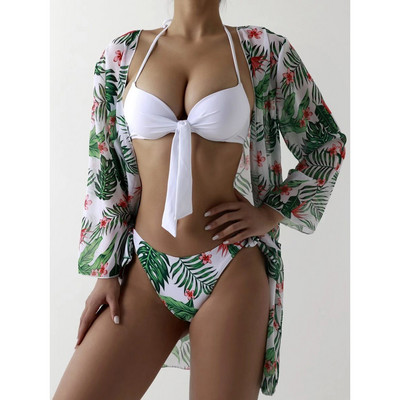 2023. aasta 3-paki naiste ujumisriided, kattega kõrge vöökohaga bikiinide komplekt Push Up ujumistrikoo biquini ujumisriided, prinditud ujumisriided Maillot De Bain