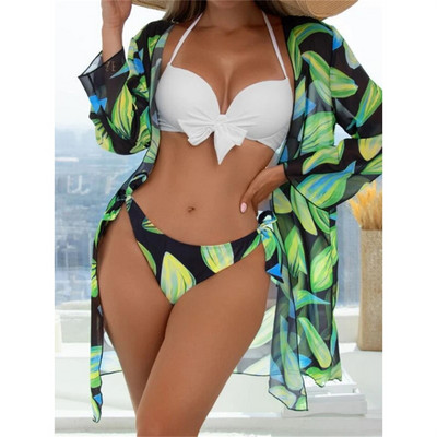2023. aasta 3-paki naiste ujumisriided, kattega kõrge vöökohaga bikiinide komplekt Push Up ujumistrikoo biquini ujumisriided, prinditud ujumisriided Maillot De Bain