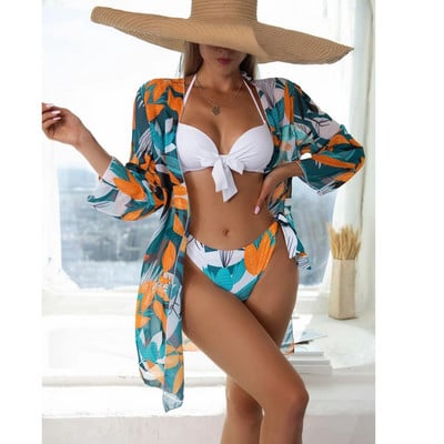 2023. aasta 3-paki naiste ujumisriided, kattega kõrge vöökohaga bikiinide komplekt Push Up ujumistrikoo biquini ujumisriided, prinditud ujumisriided Maillot De Bain