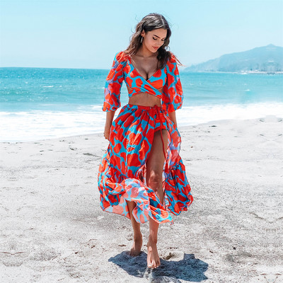 2023 Νέα σέξι μαγιό Γυναικεία μαγιό Φουσκωτό μανίκι Μαγιό Μπικίνι στάμπα Γυναικείο σετ μπικίνι ψηλόμεσης Ρούχα παραλίας