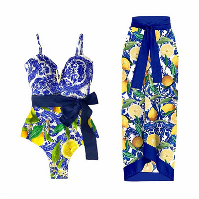 2023 2 db fodros egyrészes fürdőruha Cover Up szexi női fürdőruhával Monokini Push Up fürdőruha mintás fürdőruha Beachw