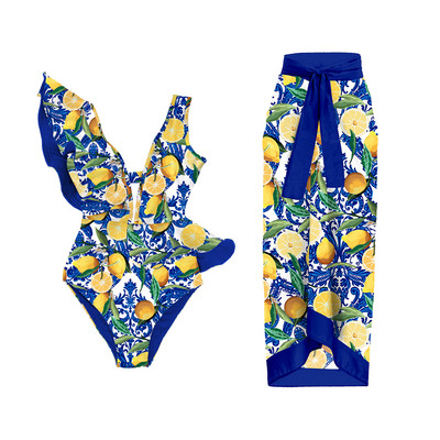 2023 2 db fodros egyrészes fürdőruha Cover Up szexi női fürdőruhával Monokini Push Up fürdőruha mintás fürdőruha Beachw