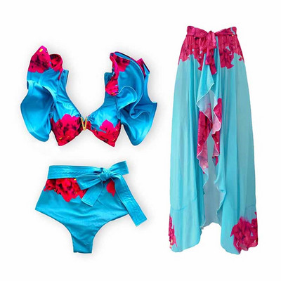 2023 2 db fodros egyrészes fürdőruha Cover Up szexi női fürdőruhával Monokini Push Up fürdőruha mintás fürdőruha Beachw