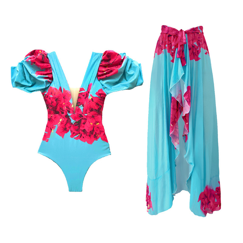 2023 2 db fodros egyrészes fürdőruha Cover Up szexi női fürdőruhával Monokini Push Up fürdőruha mintás fürdőruha Beachw