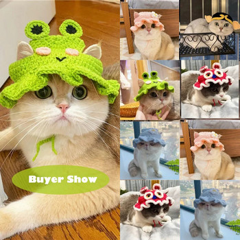 Χαριτωμένο καπέλο γάτας Funny Pets Party Cosplay Headwear Χειροποίητο πλέξιμο κουτάβι Καπέλα Ελαστική διακόσμηση για καπέλο γατάκι σκύλου