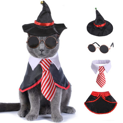 Halloween macska kutya csokornyakkendő kisállat köpeny sapka szett Napszemüveg Cosplay jelmez Halloween karácsonyi öltöztetős kiegészítők party eszköz