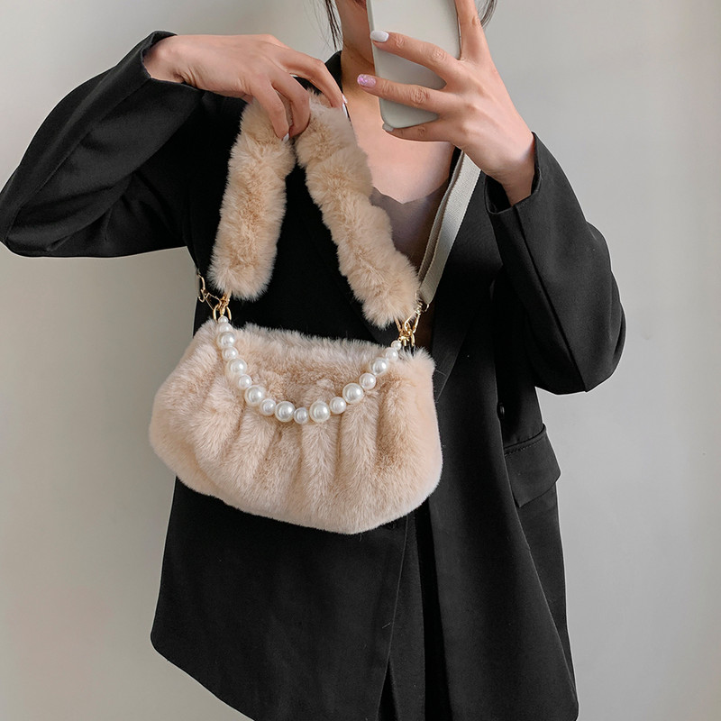 Genți de mână cu blană artificială de iarnă pentru femei, drăguț de pluș, geantă ușoară de umăr, poșetă drăguță pentru femei, genți de mână, geantă de mesager