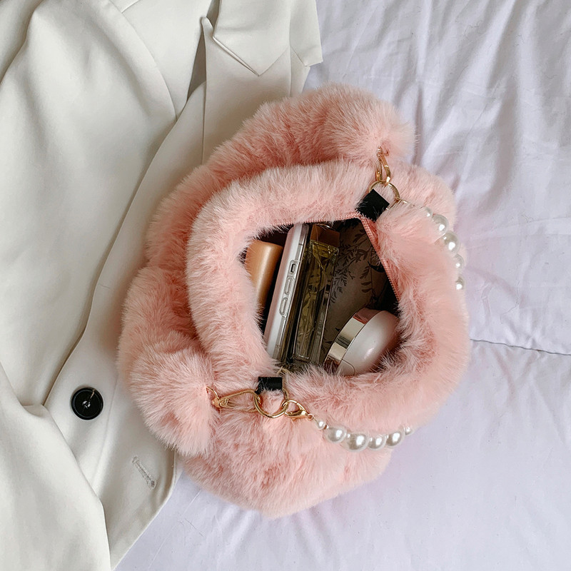 Genți de mână cu blană artificială de iarnă pentru femei, drăguț de pluș, geantă ușoară de umăr, poșetă drăguță pentru femei, genți de mână, geantă de mesager