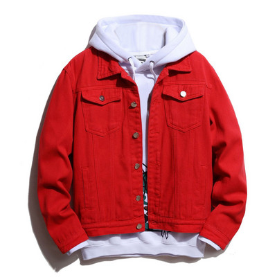 Ανδρικό τζιν μπουφάν Fleece τύπωμα Κόκκινο ανδρικό σακάκι με γράμματα με κουμπάκι μεγάλου μεγέθους