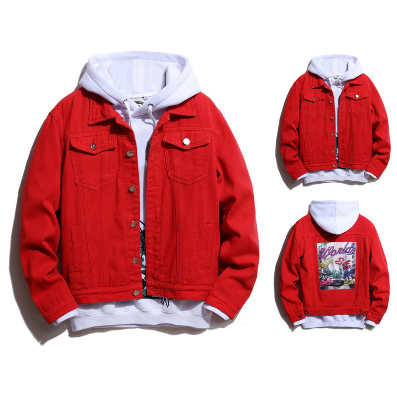 Ανδρικό τζιν μπουφάν Fleece τύπωμα Κόκκινο ανδρικό σακάκι με γράμματα με κουμπάκι μεγάλου μεγέθους