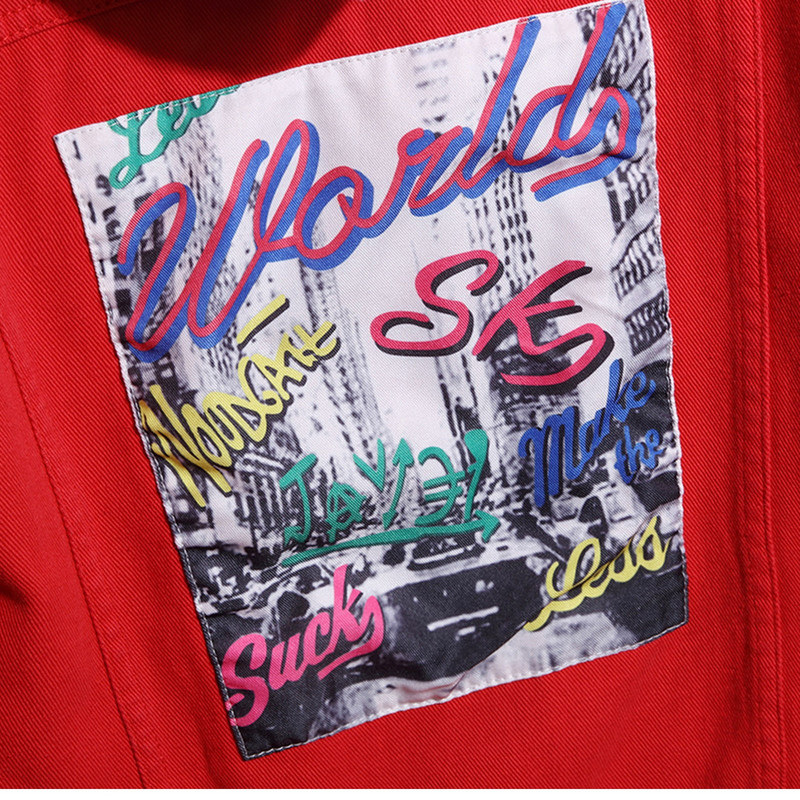 Ανδρικό τζιν μπουφάν Fleece τύπωμα Κόκκινο ανδρικό σακάκι με γράμματα με κουμπάκι μεγάλου μεγέθους