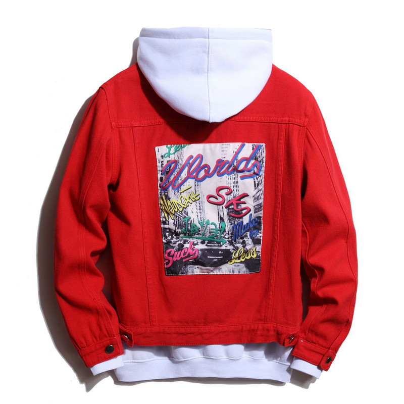 Ανδρικό τζιν μπουφάν Fleece τύπωμα Κόκκινο ανδρικό σακάκι με γράμματα με κουμπάκι μεγάλου μεγέθους
