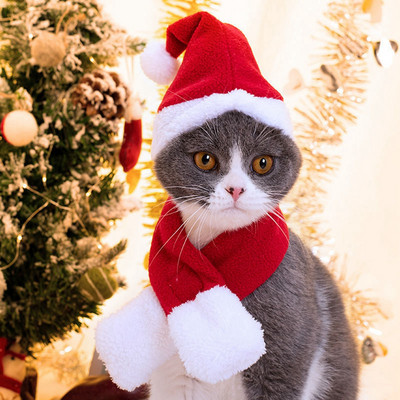 Шапка за куче Коледен шал Шапка на Дядо Коледа Костюм за котка Топло плюшено парти Cosplay Red Dress Up Puppy Kitten Аксесоари за дрехи