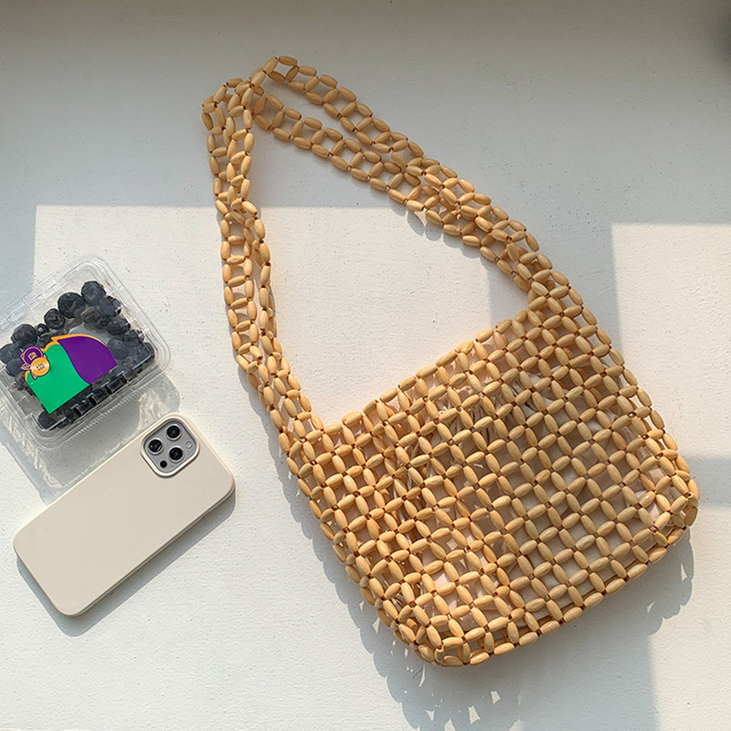 Καλοκαίρι 2023 Νέες γυναικείες μικρές τσάντες με χάντρες πλέξιμο Ξύλινη επώνυμη τσάντα Hollow Out Σετ γυναικείες τσάντες ώμου Τσάντες παραλίας Bolso Mujer