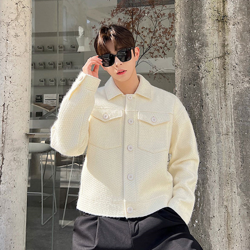 Ανδρικά πλεκτά μπουφάν με μακρυμάνικο κουμπιά μονόχρωμα κοντά παλτό Ανδρικά ρούχα 2023 Κορεατικά παχύρρευστα εξωτερικά ενδύματα