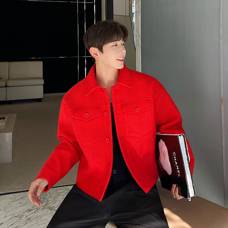 Ανδρικά πλεκτά μπουφάν με μακρυμάνικο κουμπιά μονόχρωμα κοντά παλτό Ανδρικά ρούχα 2023 Κορεατικά παχύρρευστα εξωτερικά ενδύματα