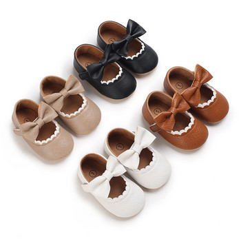 Бебешки ежедневни обувки Бебешки малки деца Bowknot Неплъзгаща се гумена мека подметка Плоска PU First Walker Новородено Bow Decor