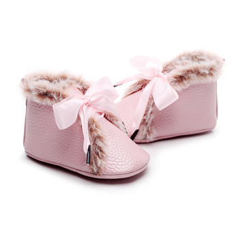 Зимни бебешки памучни обувки за момиче PU Мека подметка Нехлъзгащи се бебешки обувки за малко дете Модни обувки за принцеса Ботуши за момиче с лък