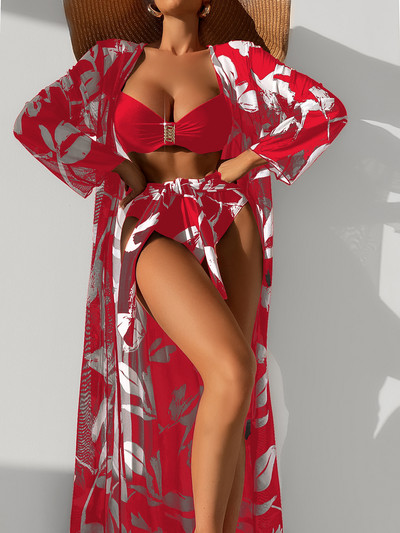 2023 Trodijelni bikini set Cover Up kupaći kostim Ženski kupaći kostim s printom Push up kupaći kostim dugih rukava Odjeća za plažu Biquini za kupanje