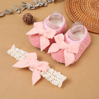 Новородено бебе Сладък комплект обувки First Walker Shoes с панделка Лента за глава Момичета Прохождащи деца Обувки с мека подметка Есен Зима Топли обувки