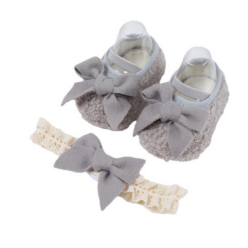 Новородено бебе Сладък комплект обувки First Walker Shoes с панделка Лента за глава Момичета Прохождащи деца Обувки с мека подметка Есен Зима Топли обувки