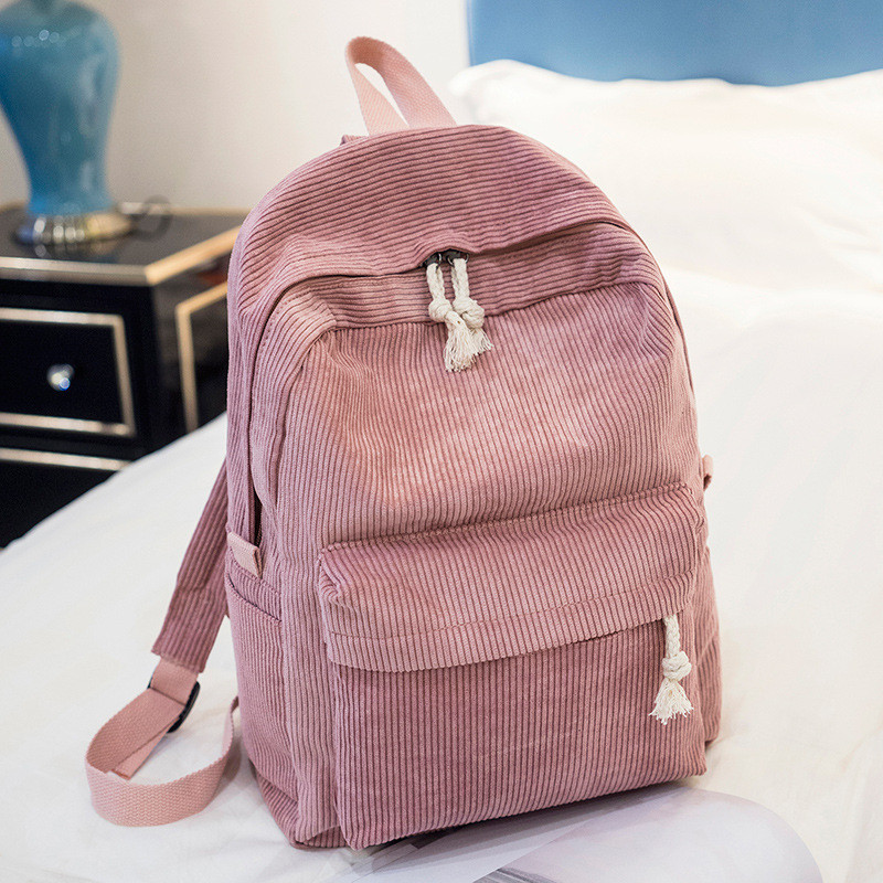 Preppy štýlový mäkký látkový batoh pre ženy, školský batoh s manšestrovým dizajnom pre dospievajúce dievčatá, pruhovaný batoh pre ženy