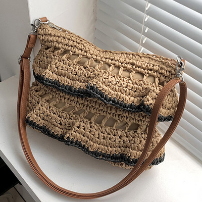 Καλοκαιρινή βολάν μεγάλης χωρητικότητας Ψάθινη τσάντα ώμου Τσάντες παραλίας Rattan Τσάντες από κοίλες χάρτινες υφαντές τσάντες Casual Lady Totes Τσάντα αγορών